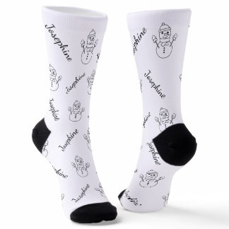 Snowman Line Art With Custom Name Winter Pattern Socks