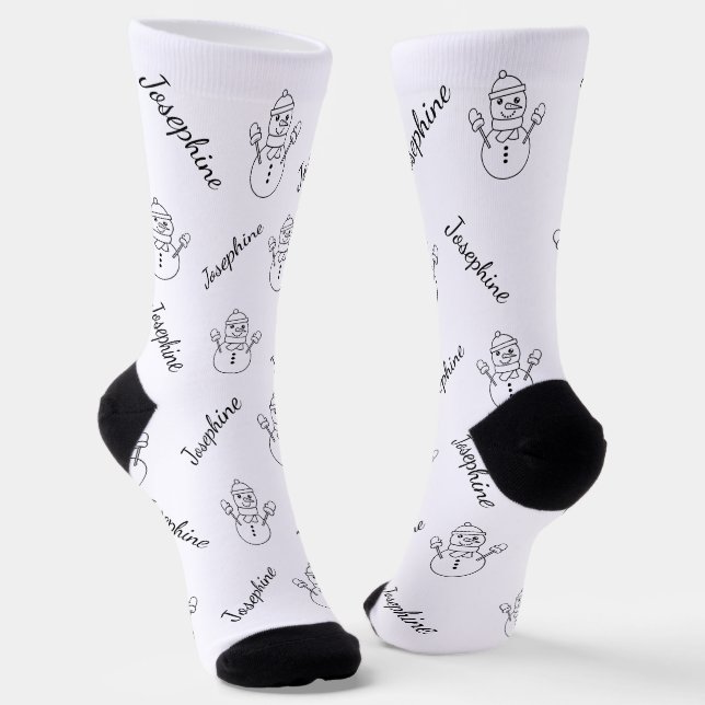 Snowman Line Art With Custom Name Winter Pattern Socks (Angled)