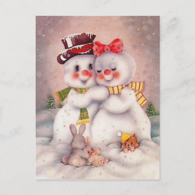 Snowman loving couple, vintage holiday greeting postcard (Front)