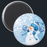 Snowman Magnet<br><div class="desc">Snowman Playing in the Snow with Blue Background</div>