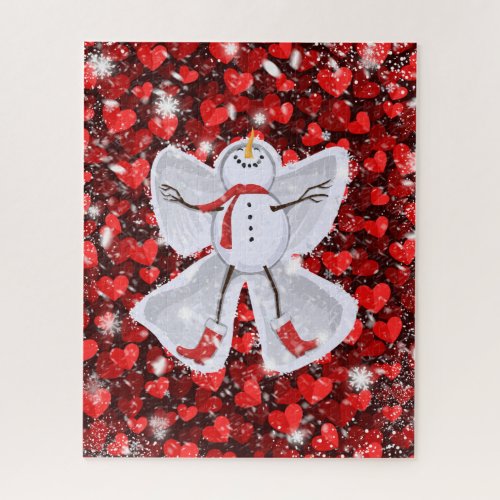 Snowman Making a Snow Angel on Red Hearts Winter Jigsaw Puzzle