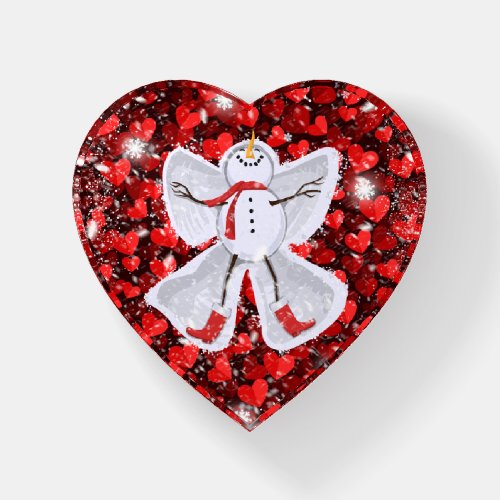 Snowman Making a Snow Angel on Red Hearts Winter Paperweight