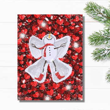 Snowman Making A Snow Angel On Red Hearts Winter Postcard by TheCutieCollection at Zazzle