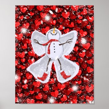 Snowman Making A Snow Angel On Red Hearts Winter Poster by TheCutieCollection at Zazzle