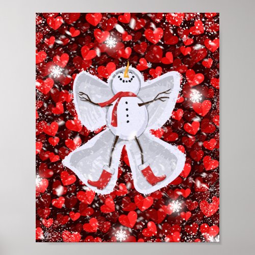 Snowman Making a Snow Angel on Red Hearts Winter Poster