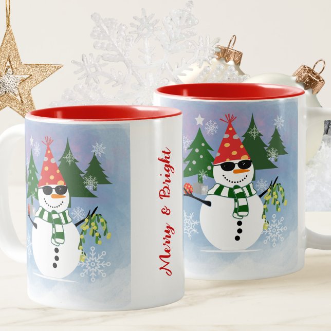 Snowman Merry And Bright Funny Christmas Two-Tone Coffee Mug (Creator Uploaded)