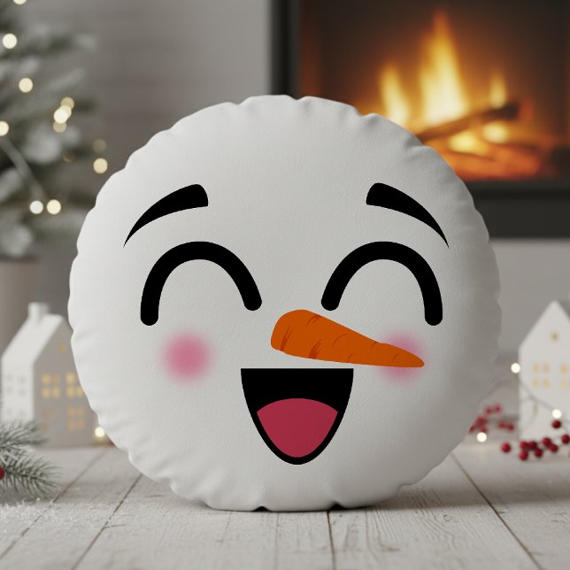 Snowman Merry Christmas Cute Smiling Face Winter Round Pillow (Snowman Merry Christmas Cute Smiling Face Winter Christmas Pillow
)