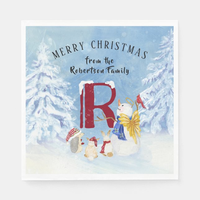 Snowman Merry Christmas Party Woodland Forest Napkins (Front)