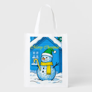 Snowman Merry Christmas Reusable Tote Bag, Festive