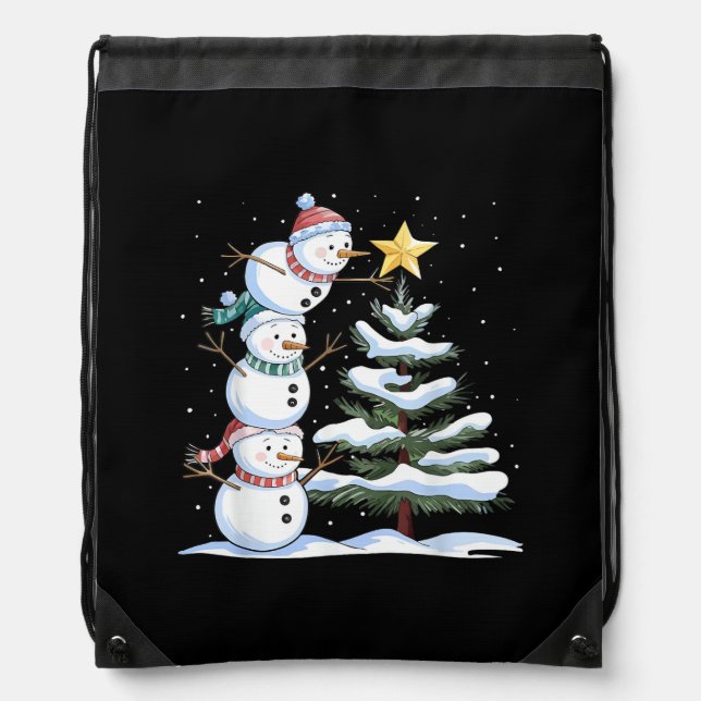 Snowman Merry Christmas Santa Claus Tree Snow Fami Drawstring Bag (Front)