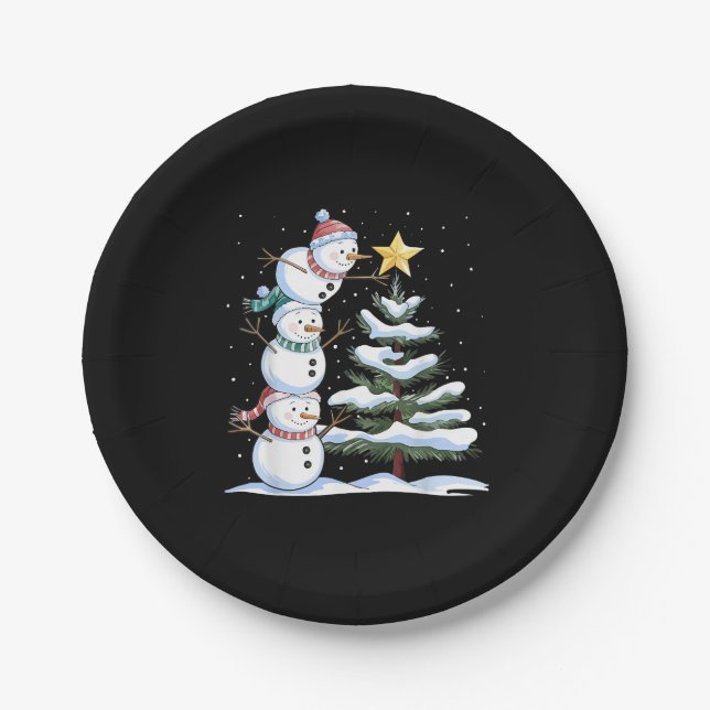 Snowman Merry Christmas Santa Claus Tree Snow Fami Paper Plates (Front)
