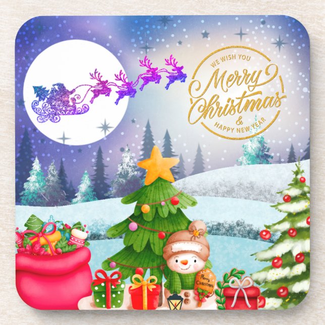 Snowman Merry Christmas Tree Gift & Happy New Year Beverage Coaster (Front)