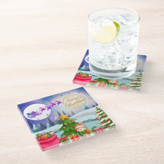 Snowman Merry Christmas Tree Gift & Happy New Year Glass Coaster (Angled)