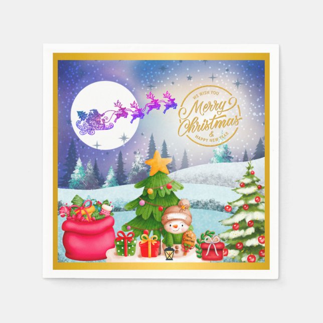 Snowman Merry Christmas Tree Gift & Happy New Year Napkins (Front)