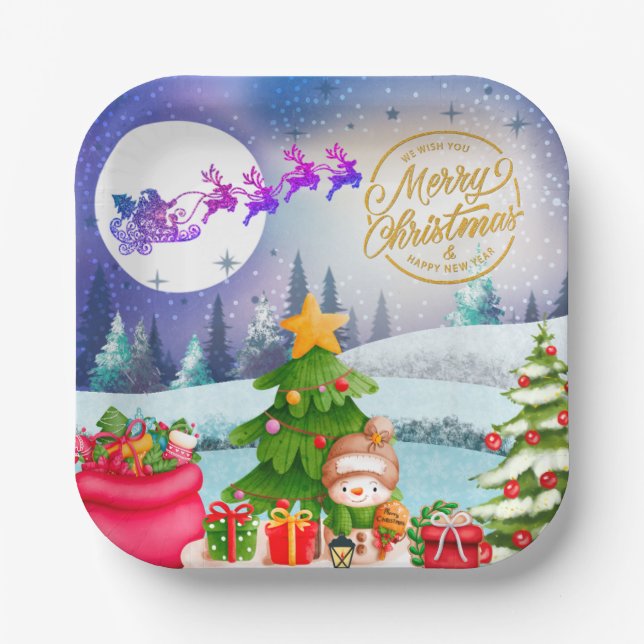 Snowman Merry Christmas Tree Gift & Happy New Year Paper Plates (Front)