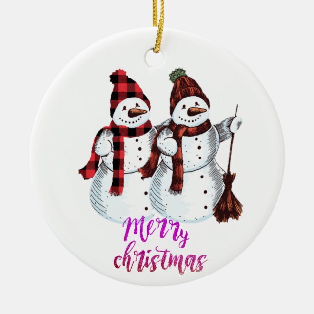 Snowman Merry Christmas Tree Ornament - Ceramic  (Front)