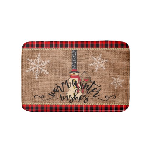 Snowman Merry Christmas with Plaid and Burlap Bath Mat