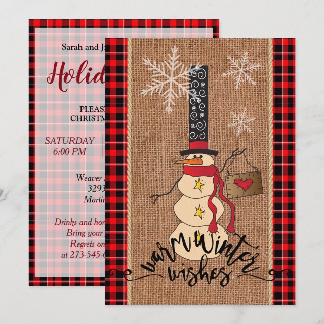 Snowman Merry Christmas with Plaid and Burlap Invitation (Front/Back)