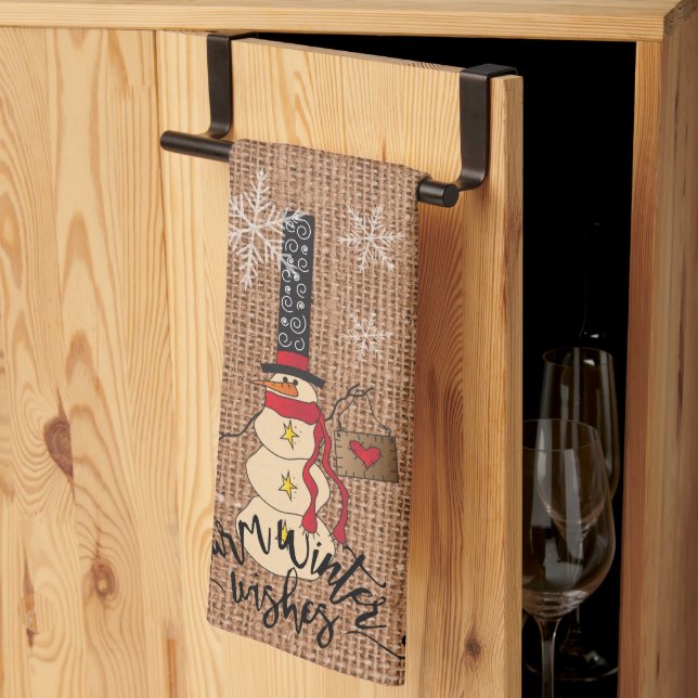 Snowman Merry Christmas with Plaid and Burlap Kitchen Towel (Thirds Fold)