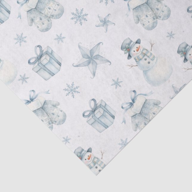 Snowman & Mittens Tissue Paper – Blue Winter Gift  (Detail)