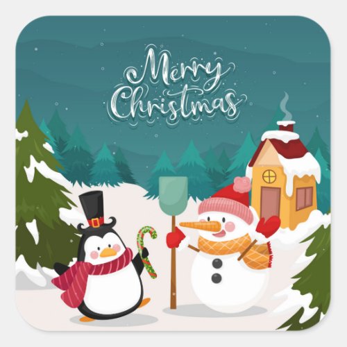 SNOWMAN  MR PENGUIN Merry Christmas  Square Sticker