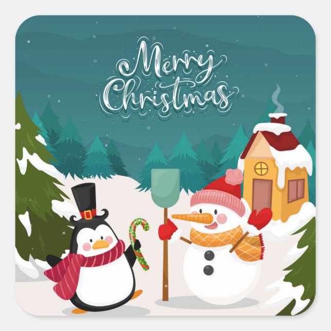 SNOWMAN & MR PENGUIN Merry Christmas,  Square Sticker (Front)
