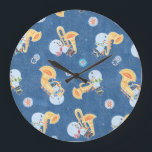 Snowman Musicians Making Christmas Holiday Music Large Clock<br><div class="desc">Christmas Holiday Snowmen playing Horns making music with brass sax,  trumpet,  trombone instruments while colorful snowflakes fall. Fun,  whimsical,  red jazz Xmas design perfect for holiday decorations and gifts.</div>