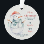 Snowman New Grandparents First Christmas  Ornament<br><div class="desc">Wonderful Grandparent's First Christmas milestone memory keepsake to celebrate the fact that they are grandma and grandpa to a new little baby girl or baby boy. Festive winter snowman done in watercolor graphic art. Customized with months and days of being new grandparents who are celebrating their Christmas as grandmother and...</div>