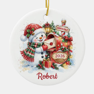 Snowman North Pole Mailbox Christmas 2026 Ceramic Ornament