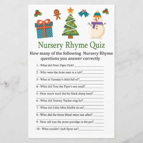 Snowman Nursery Rhyme Quiz baby shower game