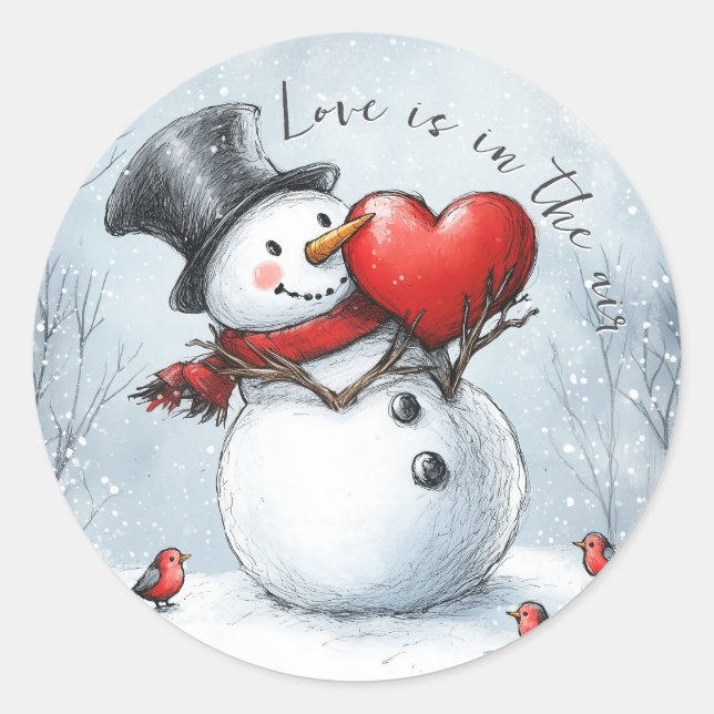 Snowman Offers Love with a Big Heart Classic Round Sticker (Front)