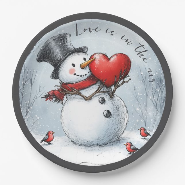 Snowman Offers Love with a Big Heart Paper Plates (Front)