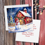 Snowman on a Vintage Farm Christmas Card<br><div class="desc">Sweet old-fashioned snowman on a snowy winter night on a rustic vintage farm.</div>