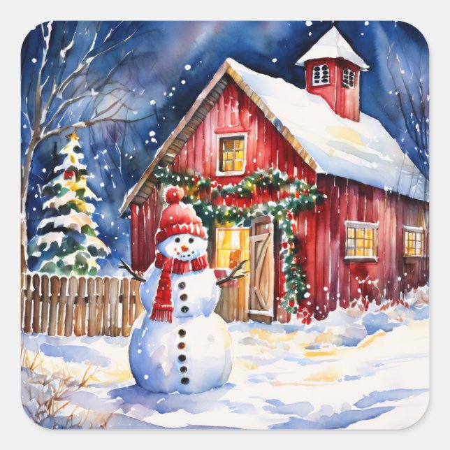 Snowman on a Vintage Farm Christmas Square Sticker (Front)