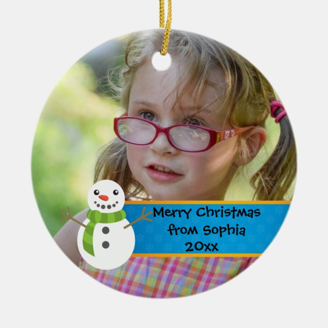 Snowman on Blue and Red Merry Christmas Photo Ceramic Ornament (Front)