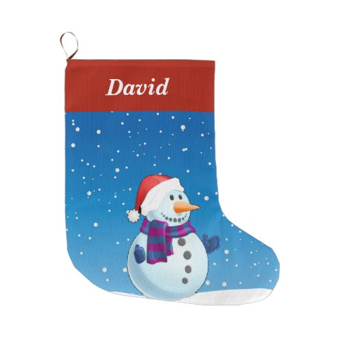 Snowman on blue large christmas stocking