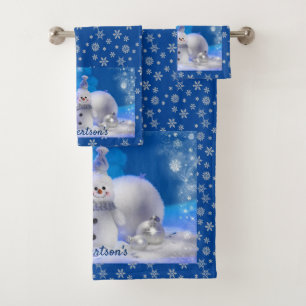 Snowman on Blue Personalize Name Bathroom Bath Towel Set