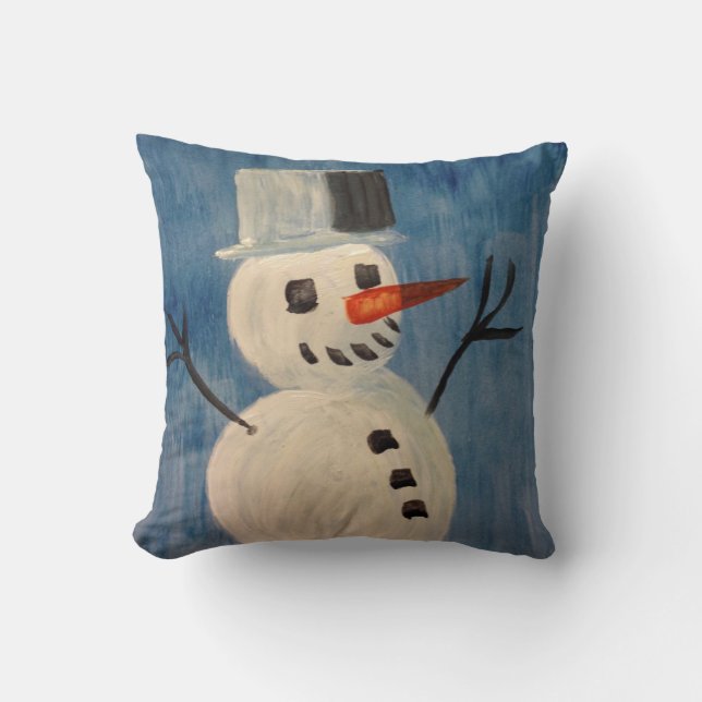 Snowman on Blue Throw Pillow (Front)