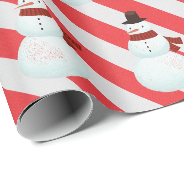 Snowman On Candy Cane Stripes Wrapping Paper (Roll Corner)