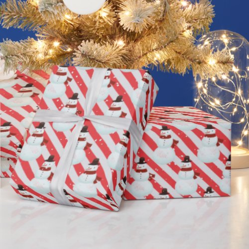 Snowman On Candy Cane Stripes  Wrapping Paper