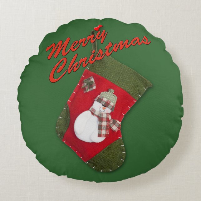Snowman on Christmas Stocking Over Green Round Pillow (Front)