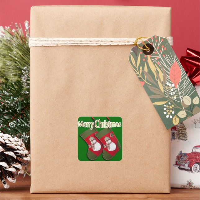 Snowman on Christmas Stocking Over Green Square Sticker (Holiday)