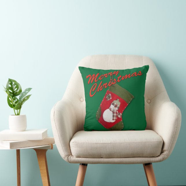 Snowman on Christmas Stocking Over Green Throw Pillow (Chair)