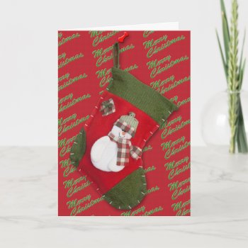 Snowman On Christmas Stocking Over Red Holiday Card by Exit178 at Zazzle