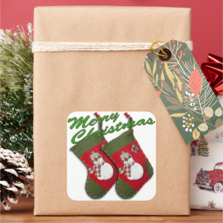 Snowman On Christmas Stocking Over White Square Sticker