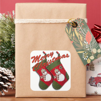 Snowman on Christmas Stocking Over White Square Sticker