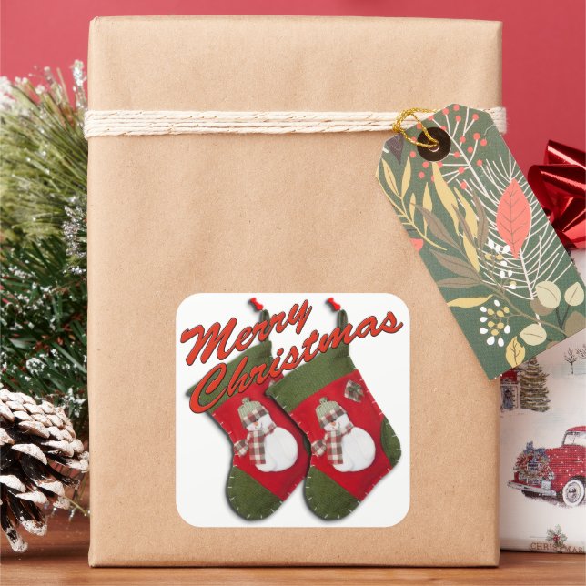 Snowman on Christmas Stocking Over White Square Sticker (Holiday)