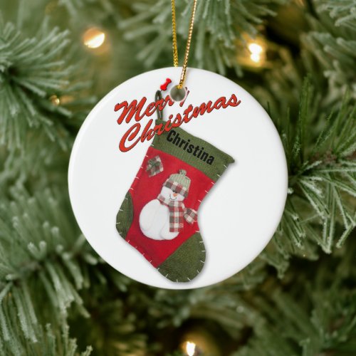 Snowman on Christmas Stocking Photograph Ceramic Ornament