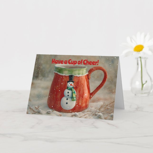 Snowman on Cup of Cheer Christmas Holiday Card (Small Plant)