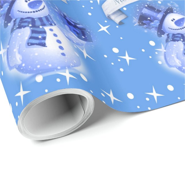 Snowman on Frosty Blue Pattern Wrapping Paper (Roll Corner)